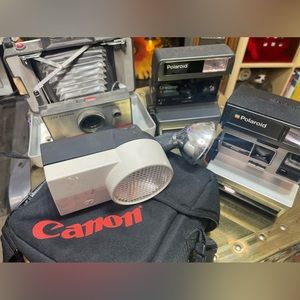 Three Polaroid Camera Cameras, Bundle With Flash
